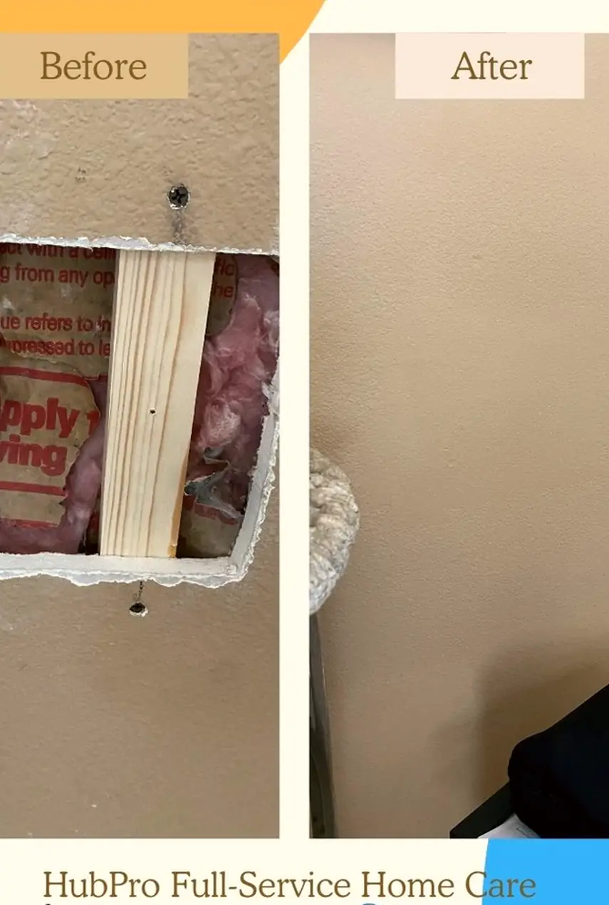 Hole in drywall expertly patched and blended with surrounding wall, surface is smooth with natural light evenly reflecting off it.