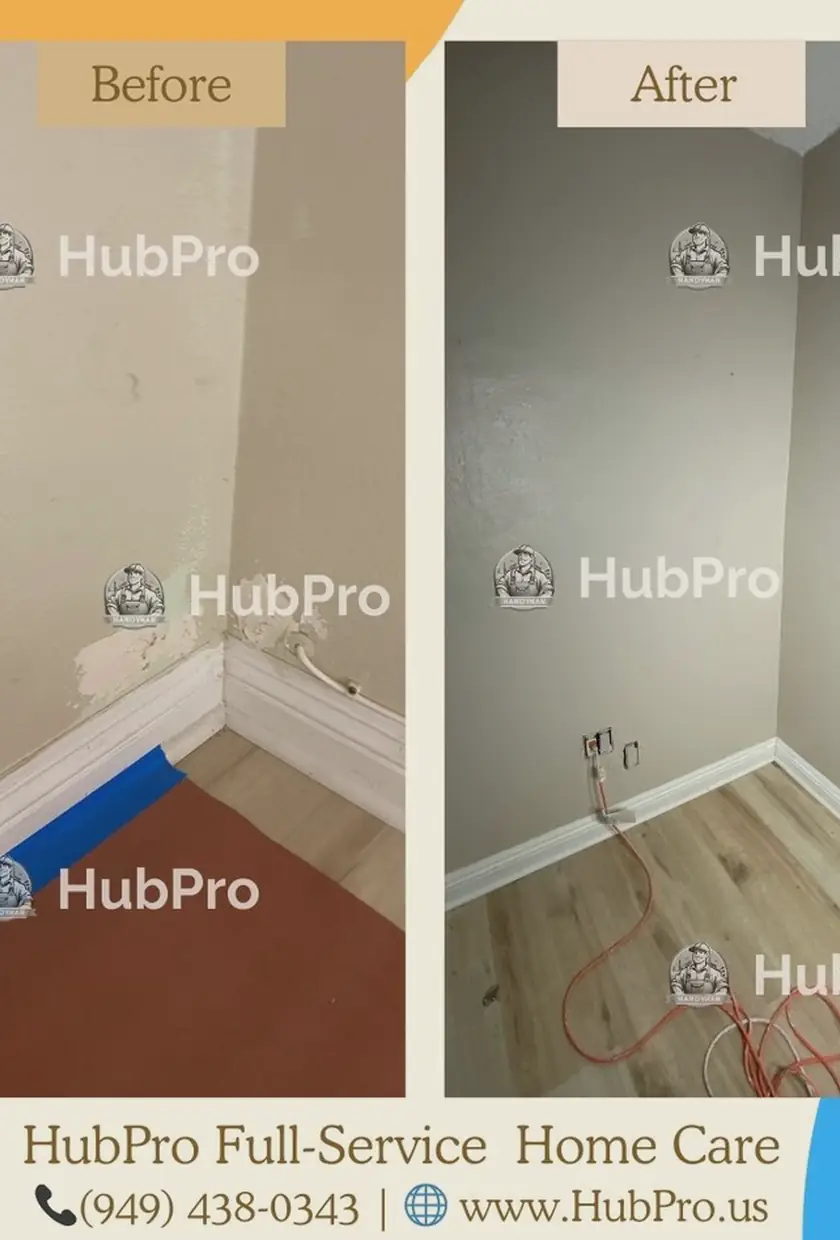 Repaired drywall with a large hole patched and skimmed, final surface smooth and evenly blended with surrounding wall, no visible seams.