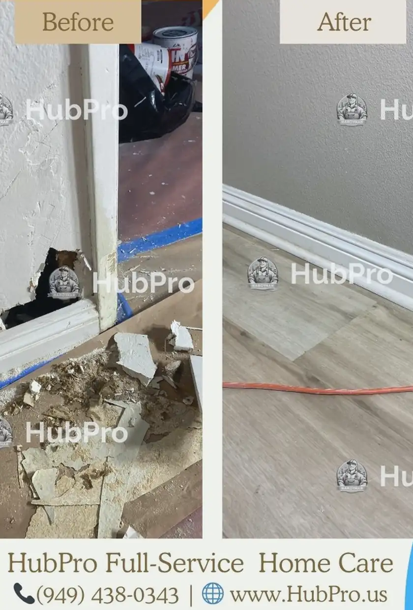 Repaired wall hole in Anaheim patched and skimmed smooth, surface blends cleanly with no visible seams or shadows.