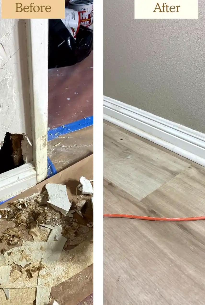 Repaired large drywall hole in Brea home, surface rebuilt and skimmed smooth with no visible seams or shadows