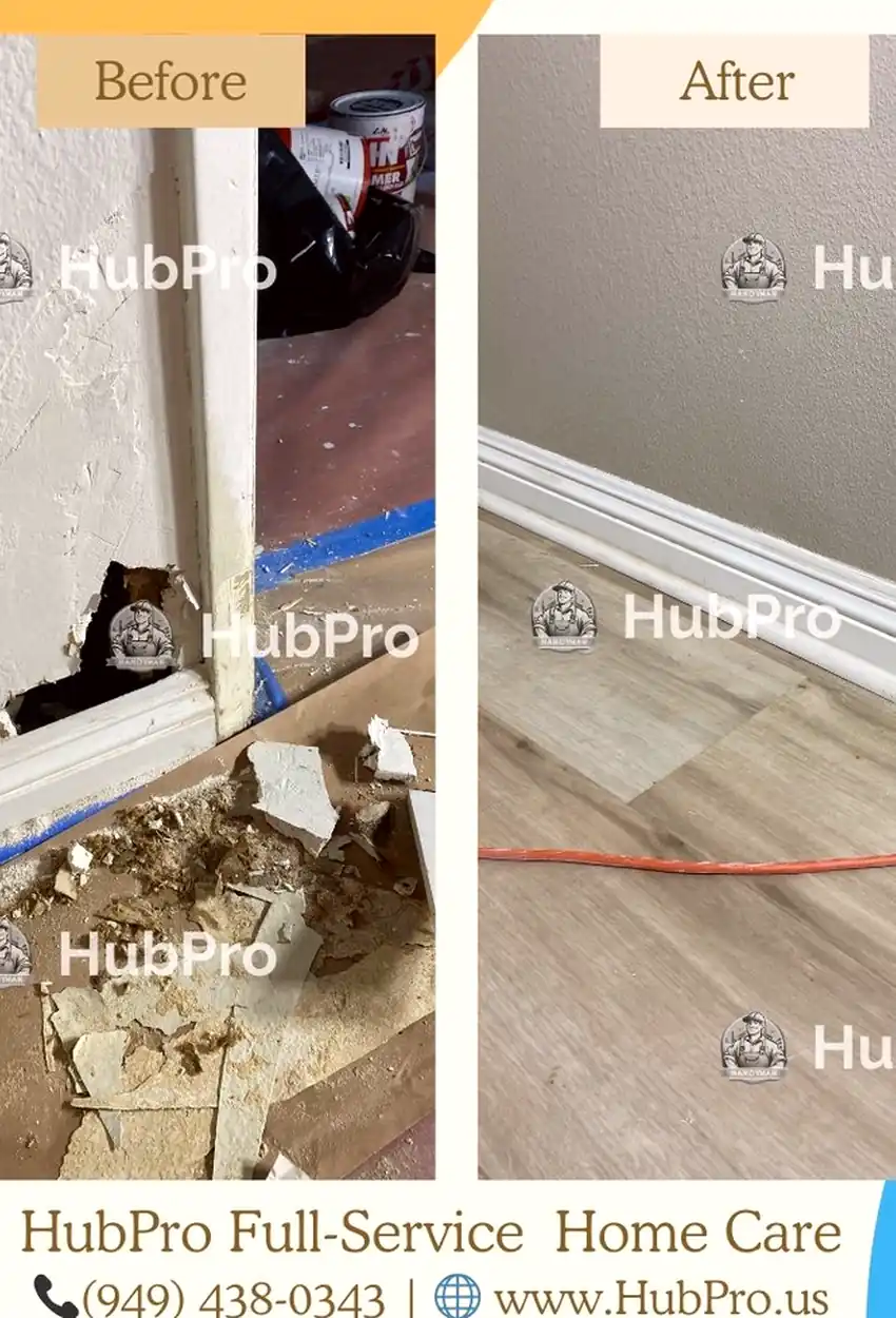 Hole in drywall patched and skimmed to a smooth, even surface with no visible seams, natural light shows consistent texture.