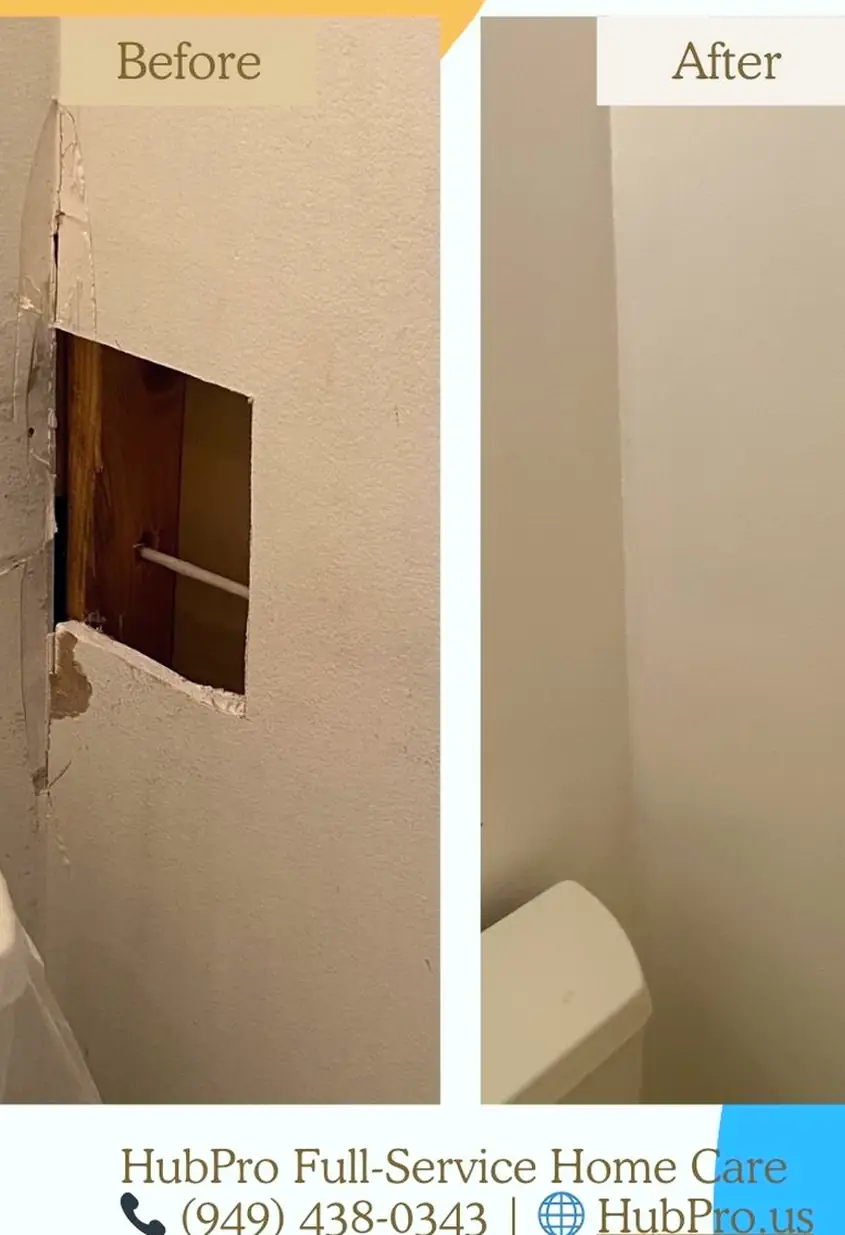 Patched wall with a smooth, blended surface where a large hole was rebuilt, no shadows or visible seams remain.