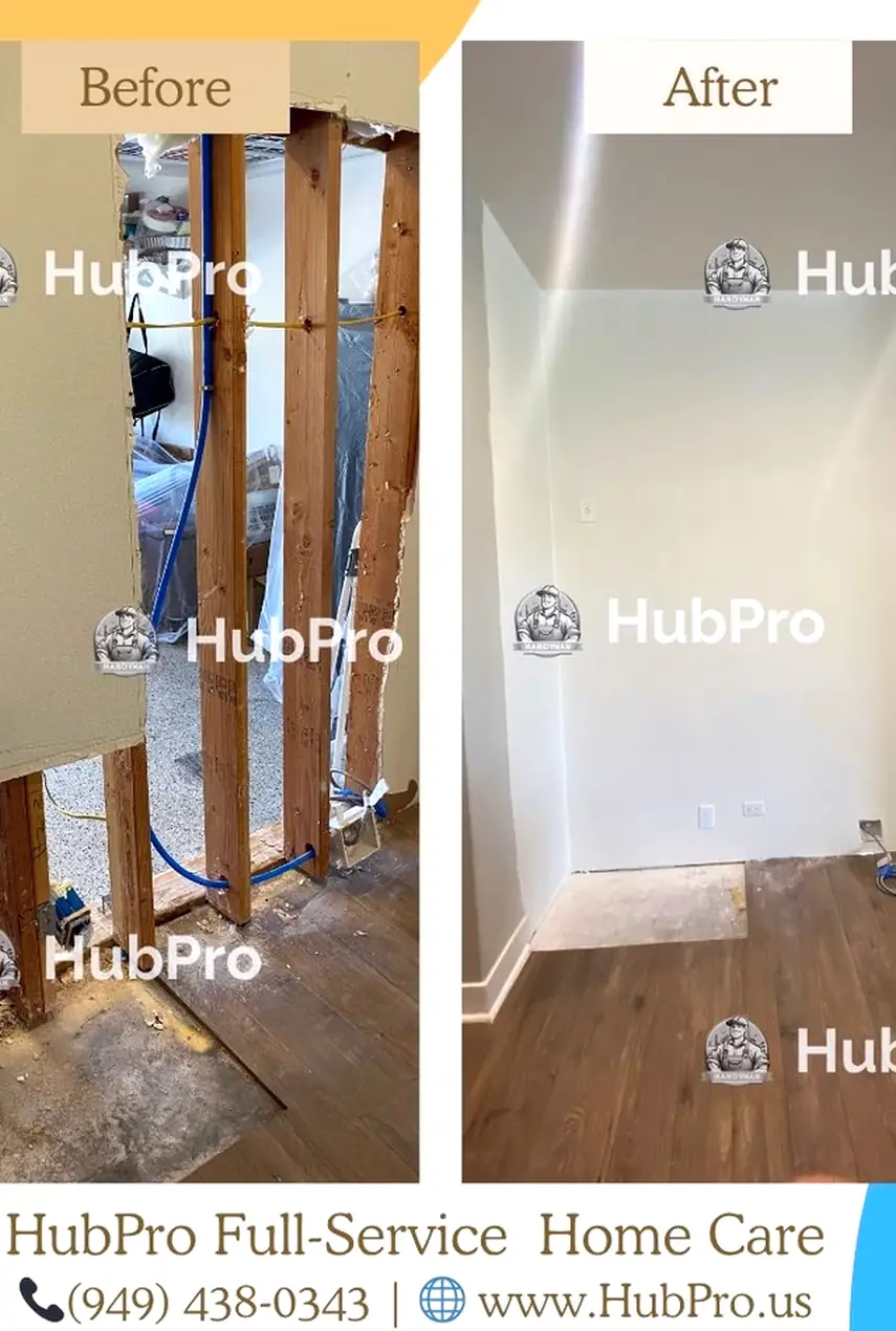 Drywall hole patched and skimmed in Cypress, wall now flat and blended with no visible seams or shadows.