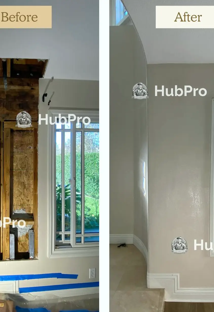 Repaired drywall patch in Dana Point shows a smooth, flat surface with no visible seams or cracks after fixing a large hole.