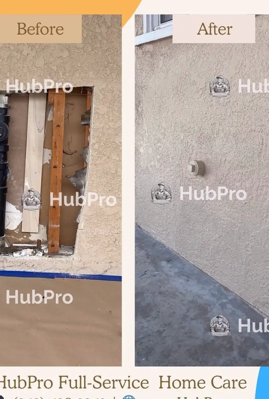 Repaired wall in Fullerton with a patched hole, now smooth and blended, showing no visible seams or shadows.