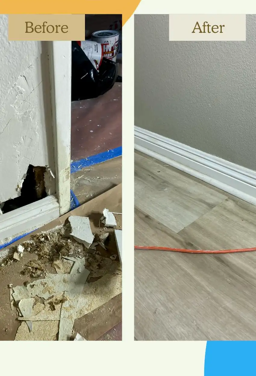 Repaired drywall where a large hole was patched and skimmed to a smooth, flat surface with even light reflection and no visible seams.