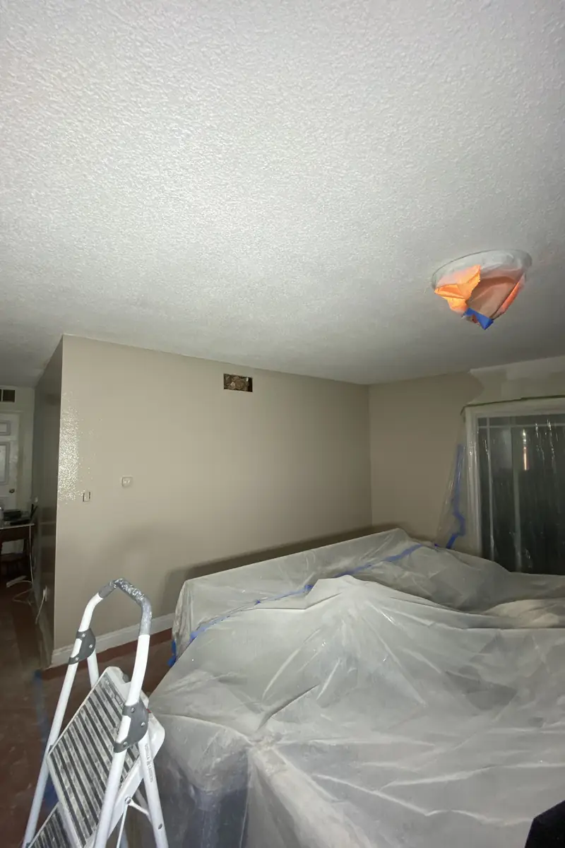 A large drywall hole has been patched and skimmed, leaving a flat, smooth surface with no visible seams or shadows.