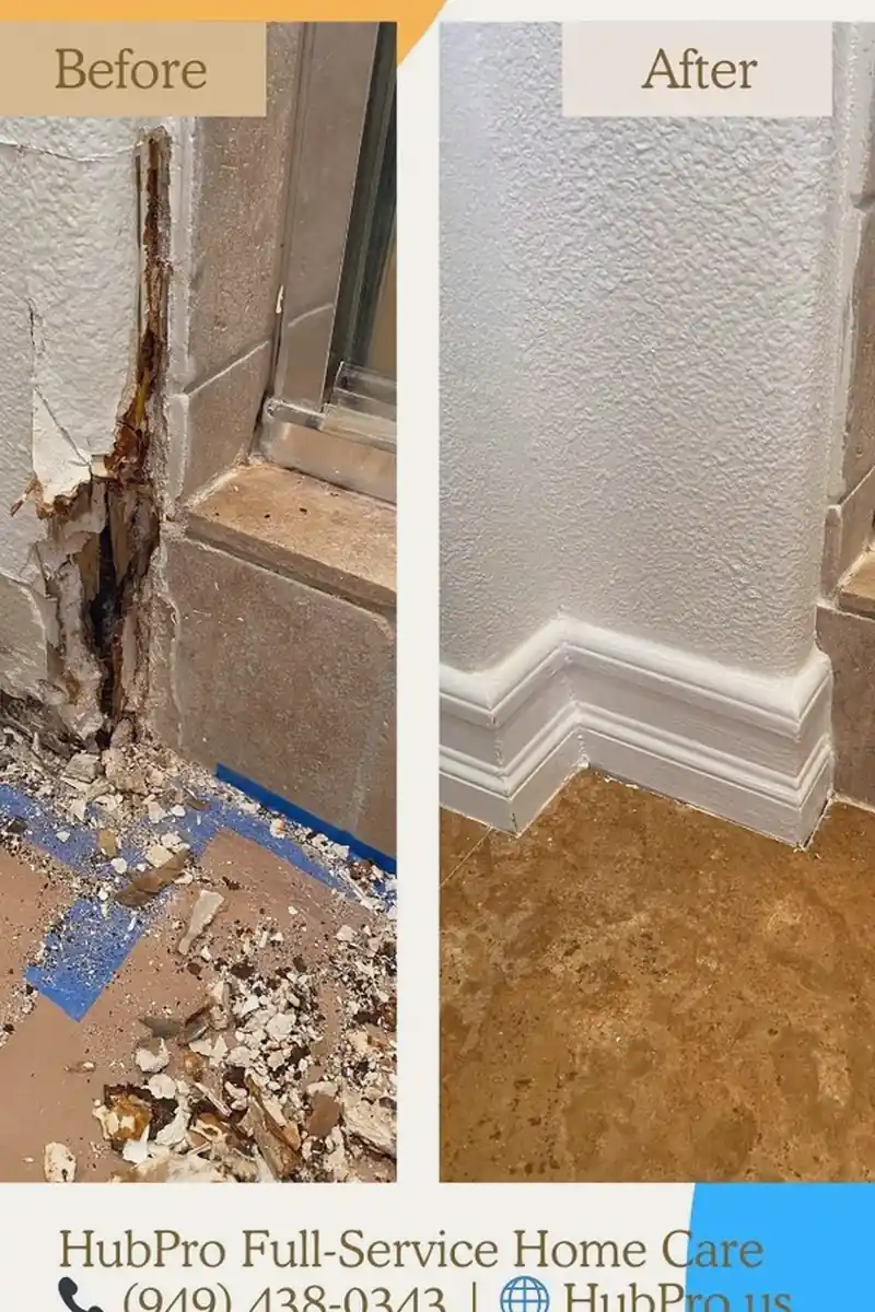 Repaired drywall patch in Seal Beach showing smooth, flat wall where a large hole was previously visible with no seams or shadows.