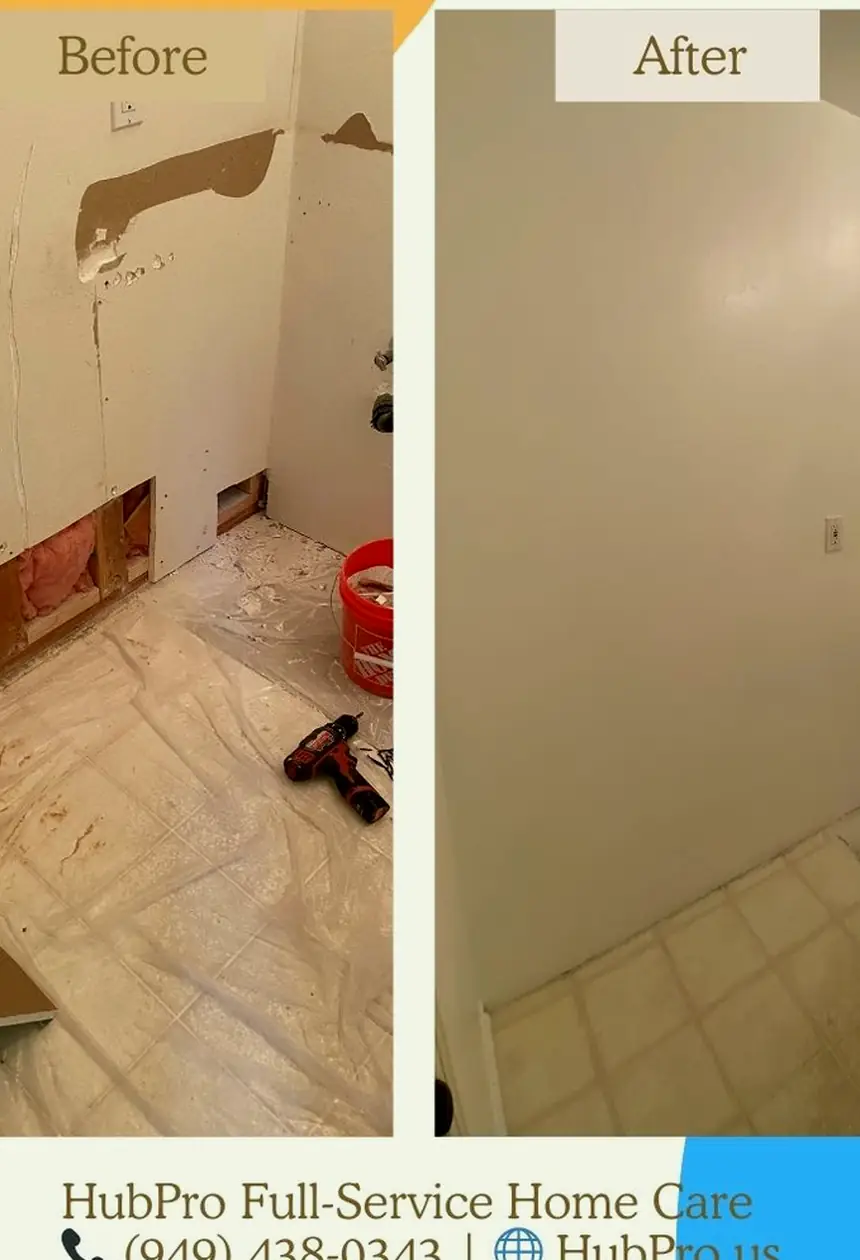 Smoothly patched drywall where a large hole was rebuilt and blended into the wall with no visible seams or shadows.