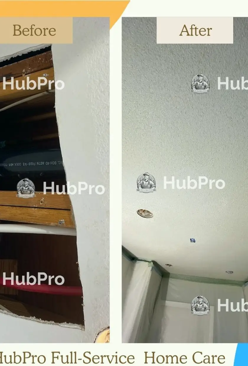 Seamlessly patched drywall where a large hole was rebuilt and skimmed smooth, blending perfectly with surrounding wall in natural light.