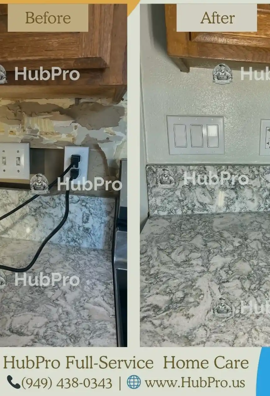 Repaired drywall hole in Tustin home, patched and skimmed to a smooth, flat surface with no visible seams or shadows.