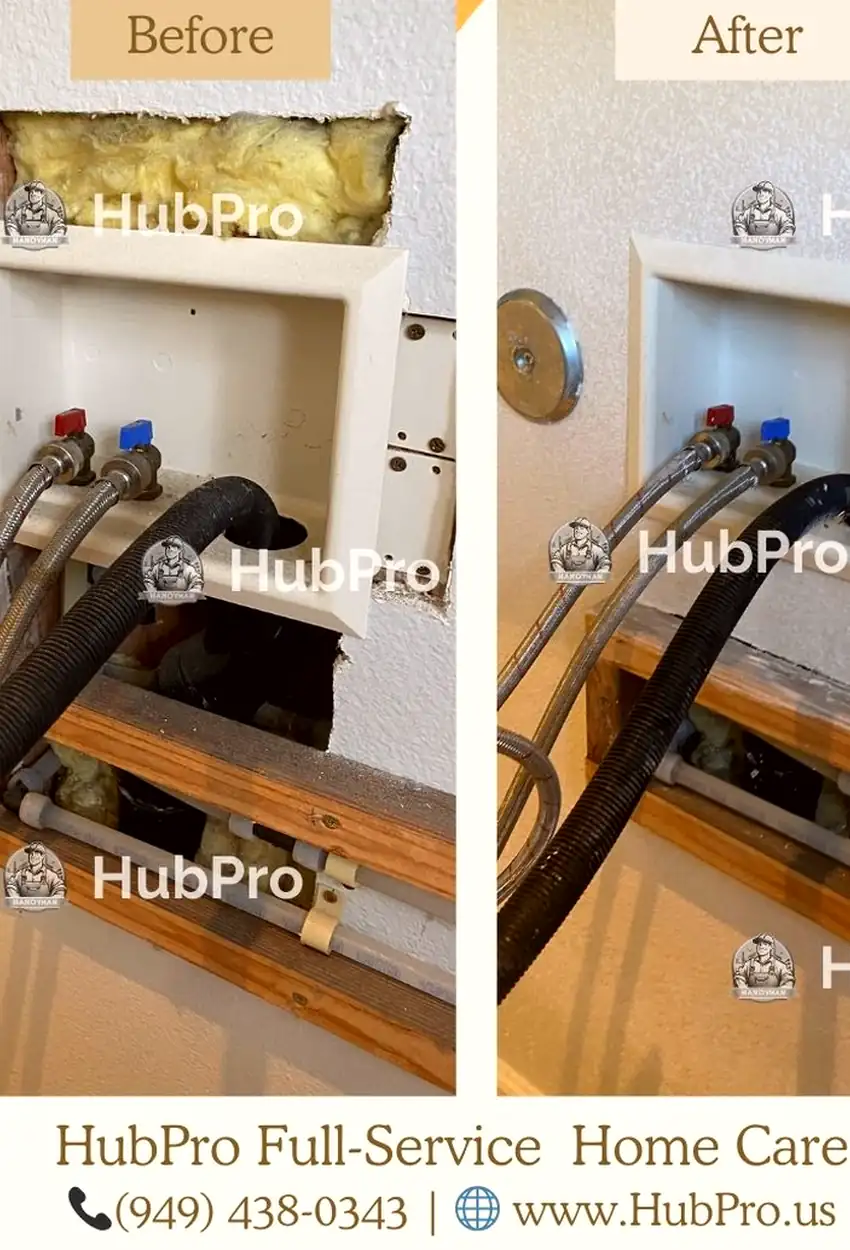 Drywall hole patched and skimmed smooth, wall surface blends evenly with no visible seams or shadows.