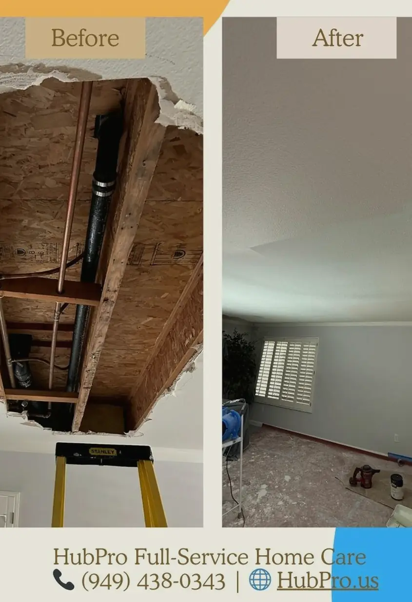 Repaired drywall patch where a sizable hole was rebuilt and seamlessly blended with the surrounding smooth wall in natural light.
