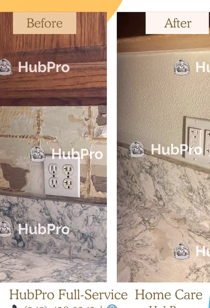 Repaired rough patch on drywall now rebuilt and skimmed smooth with even paint, no visible seams or shadows across the wall surface.